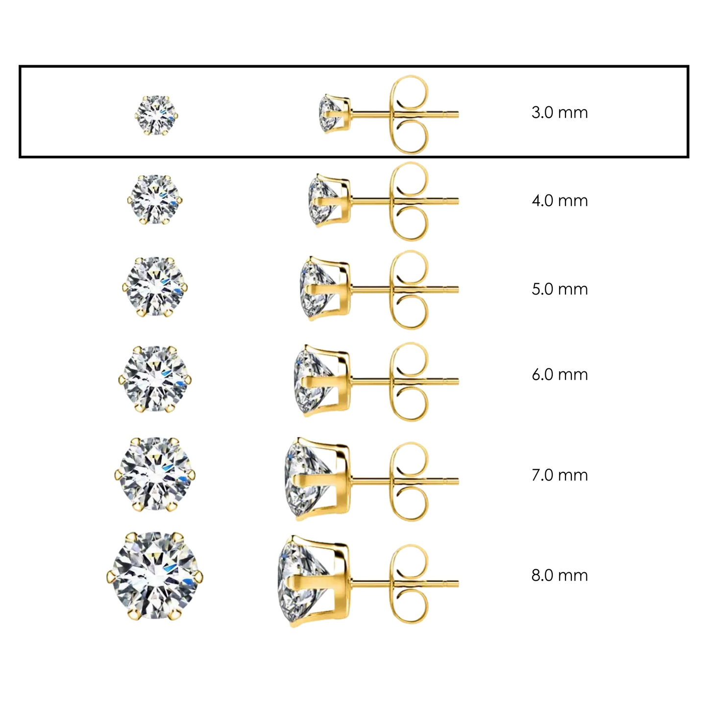 3.0mm Clear Round CZ Stud Earrings