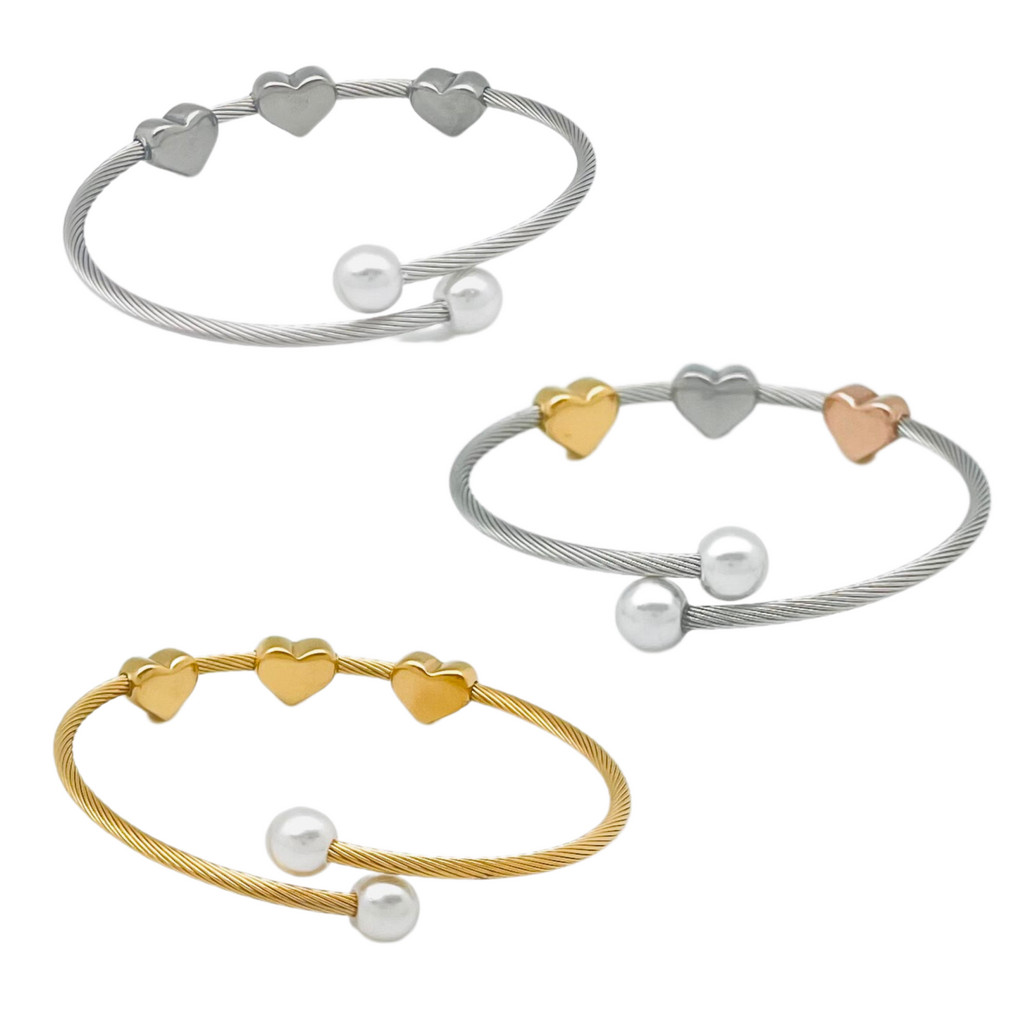 Triple Hearts & Pearls Bangle