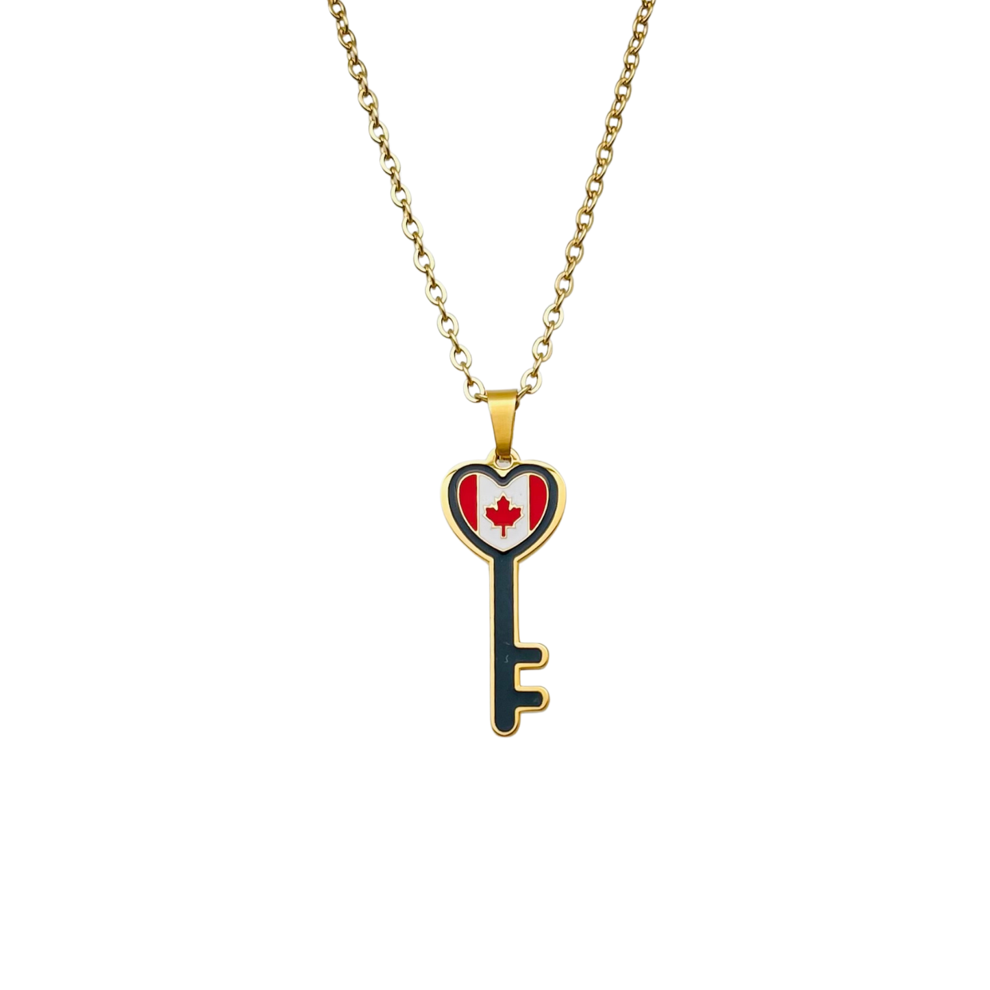 Gold Canada Key Heart Flag Necklace