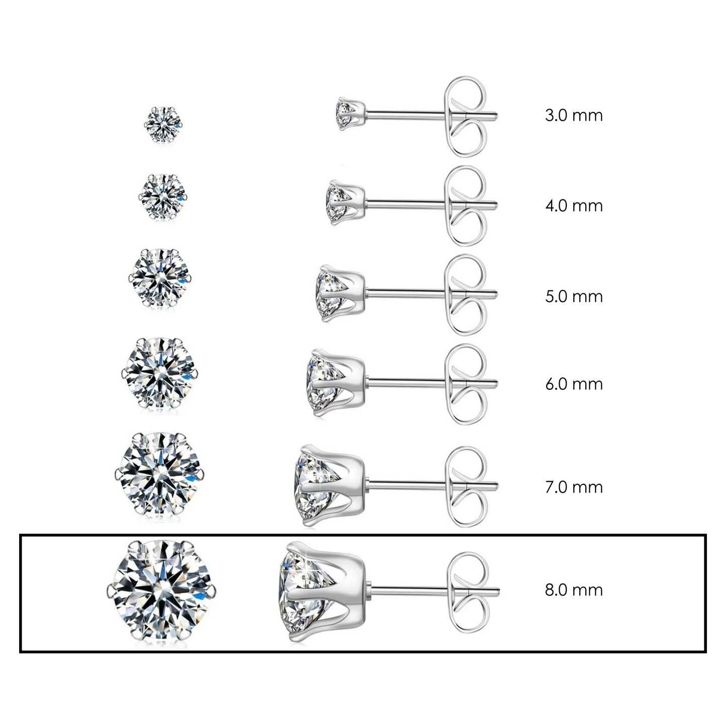 8.0mm Clear Round CZ Stud Earrings