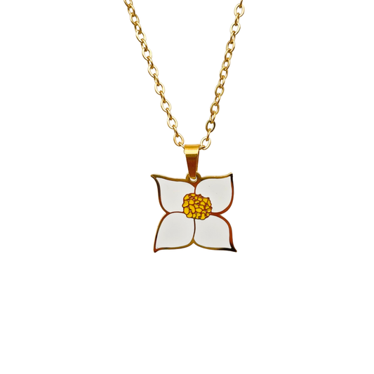 Gold Canada Bunchberry Enamel Flower Necklace