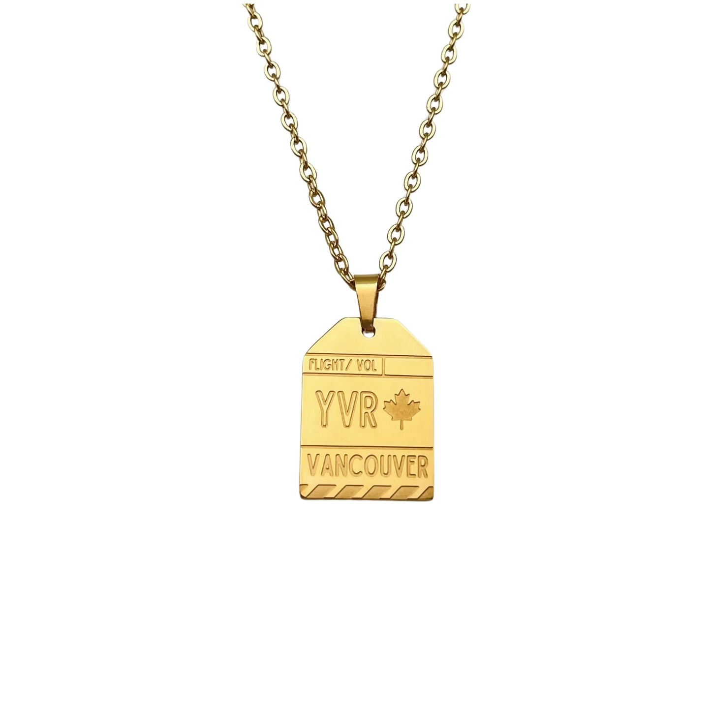 Gold Canada Vancouver YVR Luggage Tag Necklace