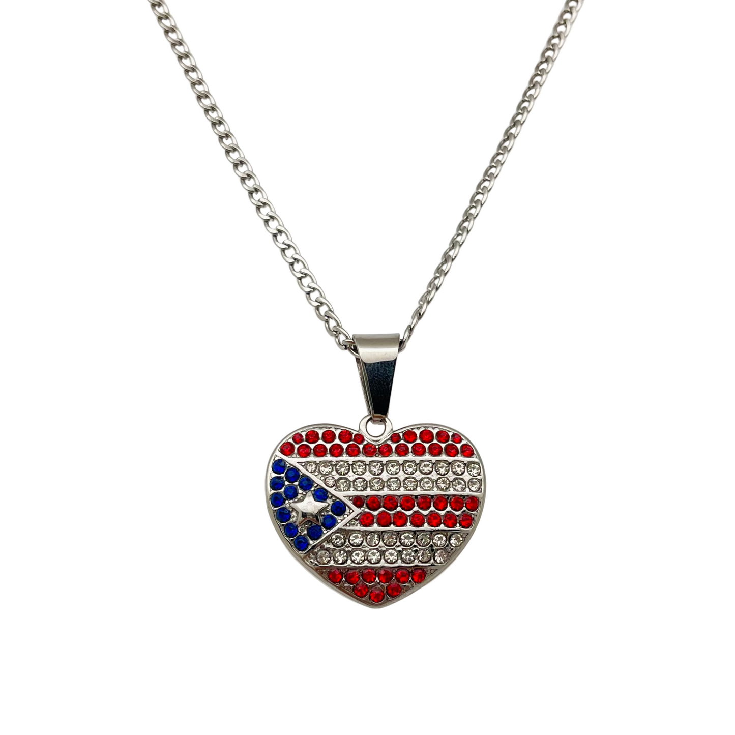 Silver CZ PR Flag Heart Necklace