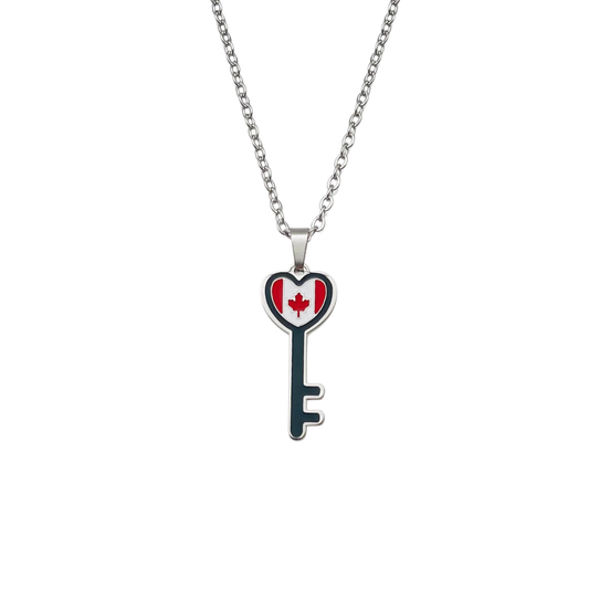 Silver Canada Key Heart Flag Necklace