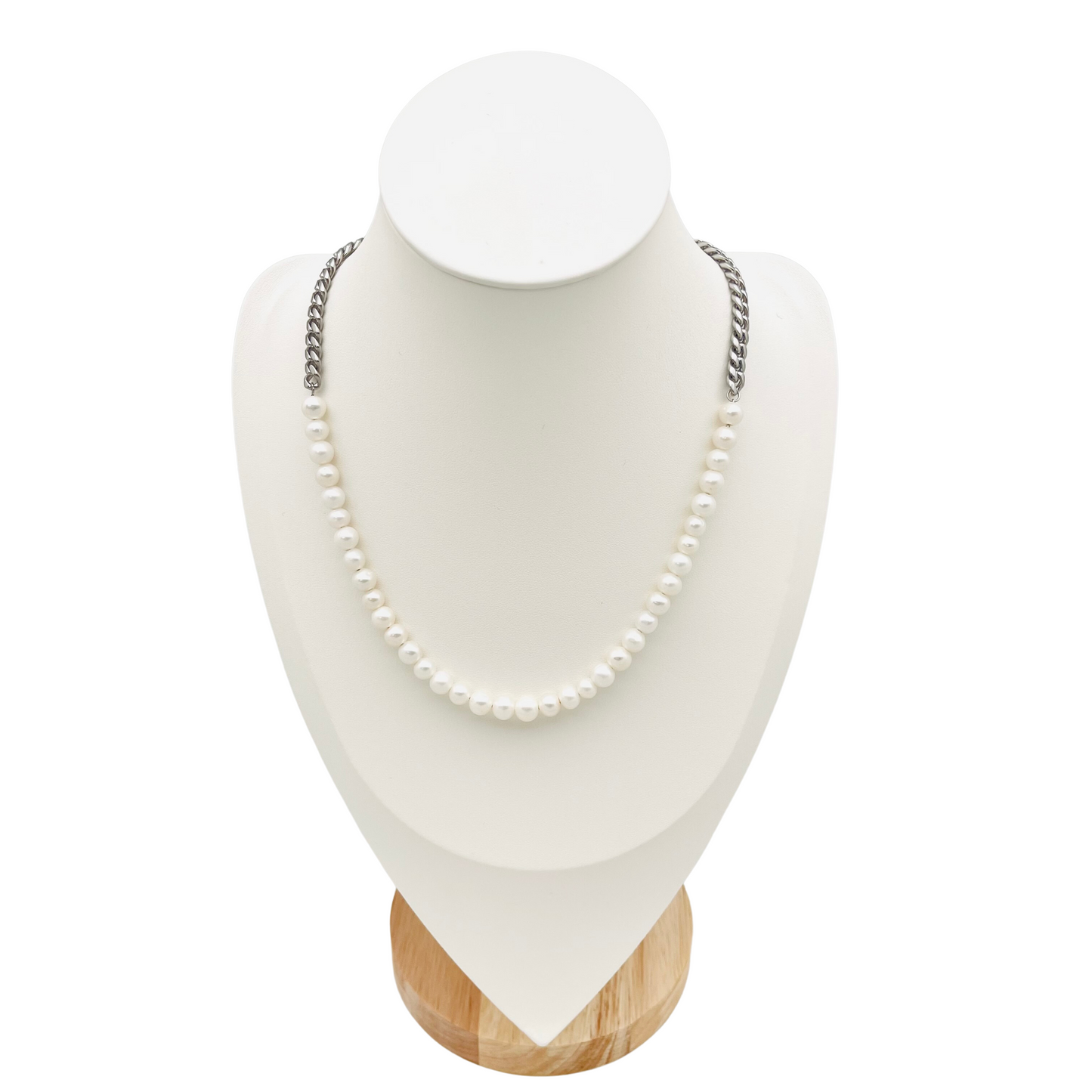 Silver Cuban Link & Pearl Necklace