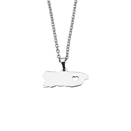 Silver Heart PR Map Necklace