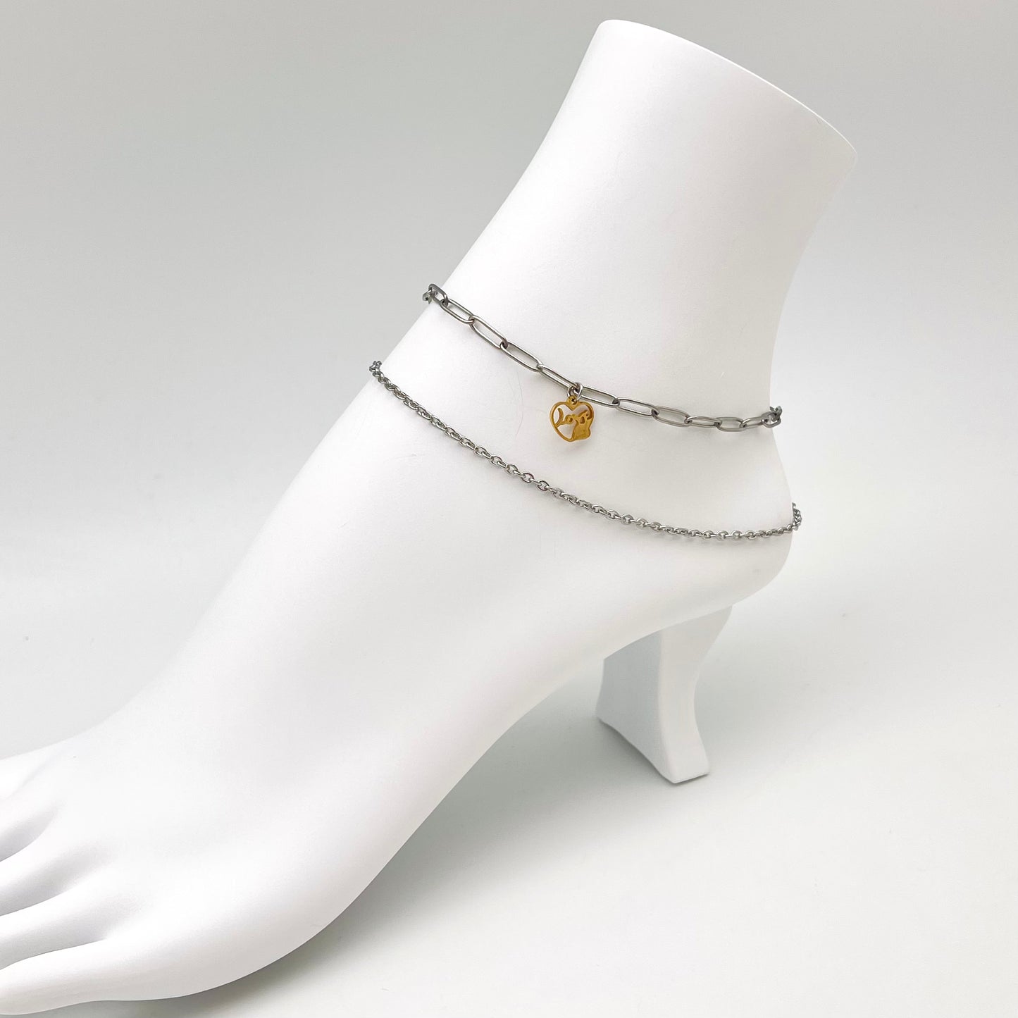 "Love" Hollow Heart Double Chain Anklet